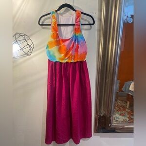 OOAK Upcycled swim top with silk magenta skirt Colorful Tie-Dye Maxi Dress